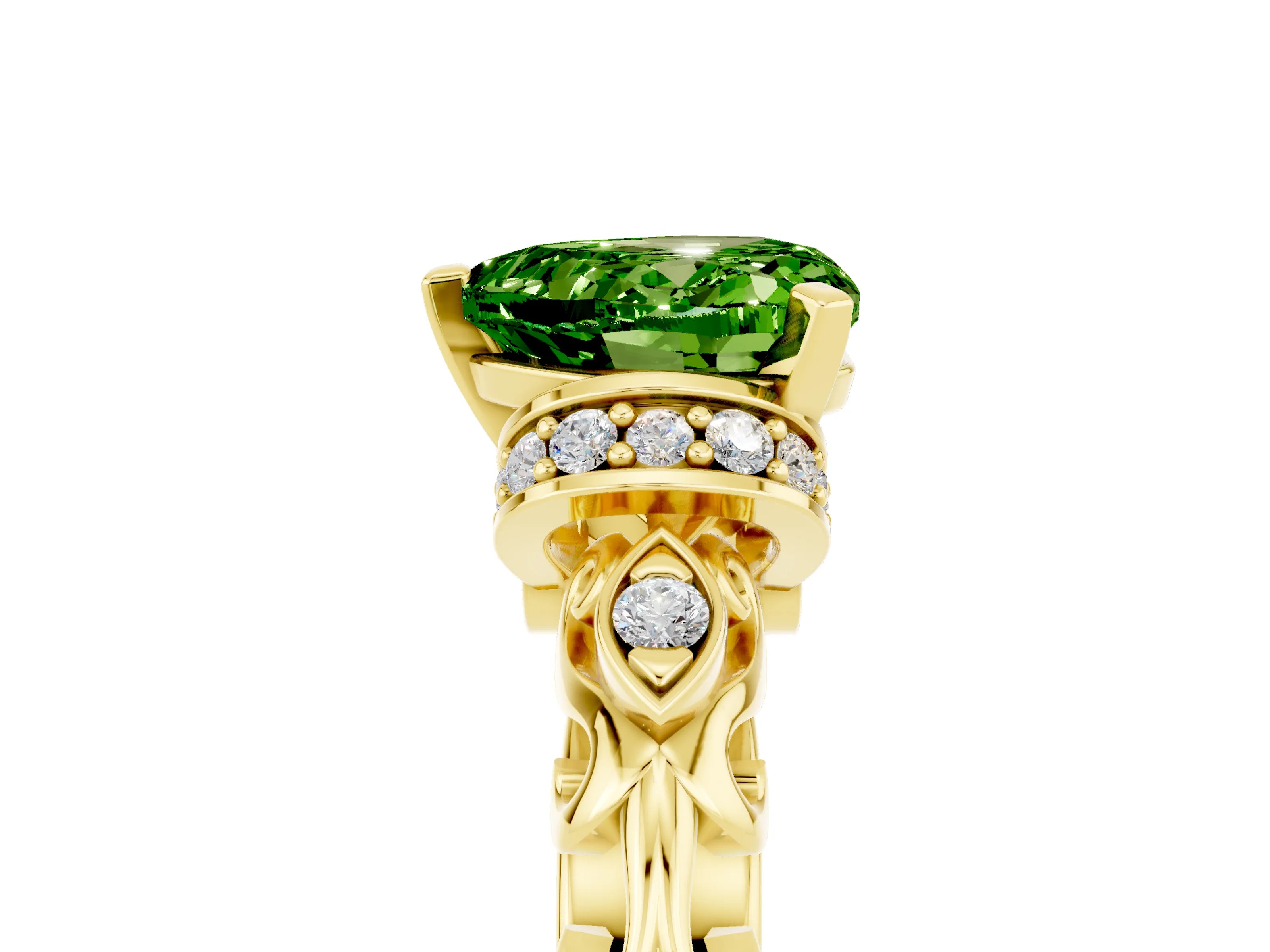 Yellow gold Heart Cut Peridot Solitaire Ring with Filigree Band and Four-Prong Setting_29