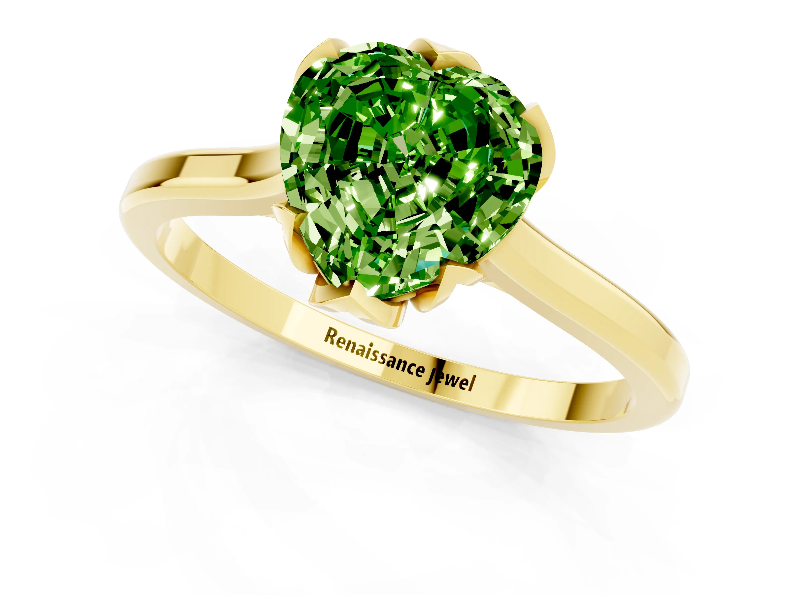 Yellow gold Heart Cut Peridot Solitaire Ring with Flower Prong Setting and Classic Band_13