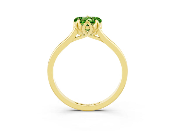 Yellow gold Heart Cut Peridot Solitaire Ring with Flower Prong Setting and Classic Band