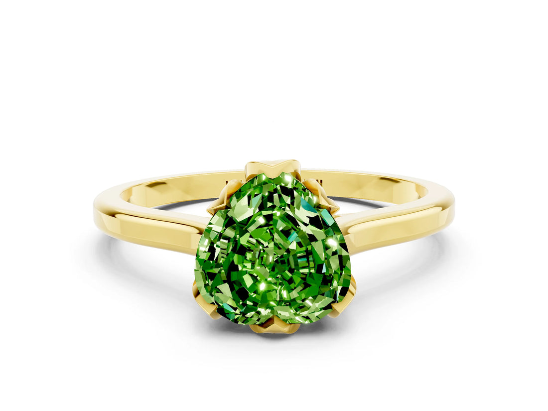 Yellow gold Heart Cut Peridot Solitaire Ring with Flower Prong Setting and Classic Band_36