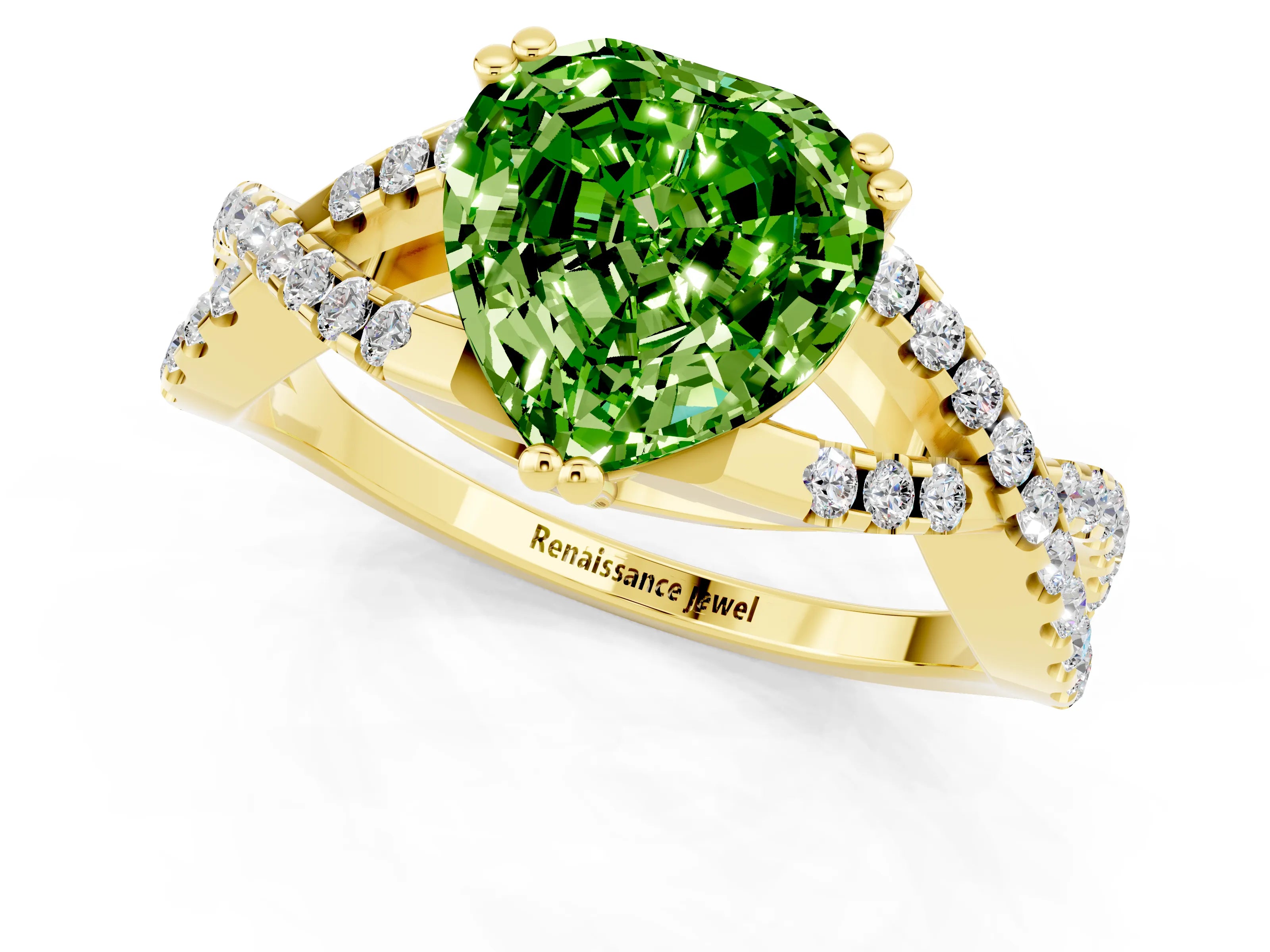 Yellow gold Heart Cut Peridot Solitaire Ring with Four-Prong Setting and Twisted Pavé Band_1