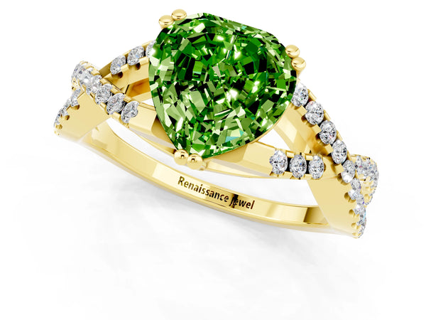 Yellow gold Heart Cut Peridot Solitaire Ring with Four-Prong Setting and Twisted Pavé Band