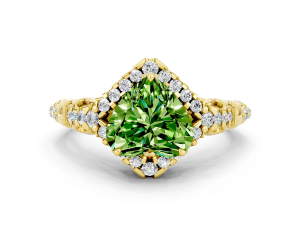 Yellow gold Heart Cut Peridot Solitaire Ring with Hidden Halo and Pavé Band