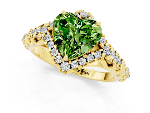 Yellow gold Heart Cut Peridot Solitaire Ring with Hidden Halo and Pavé Band_13