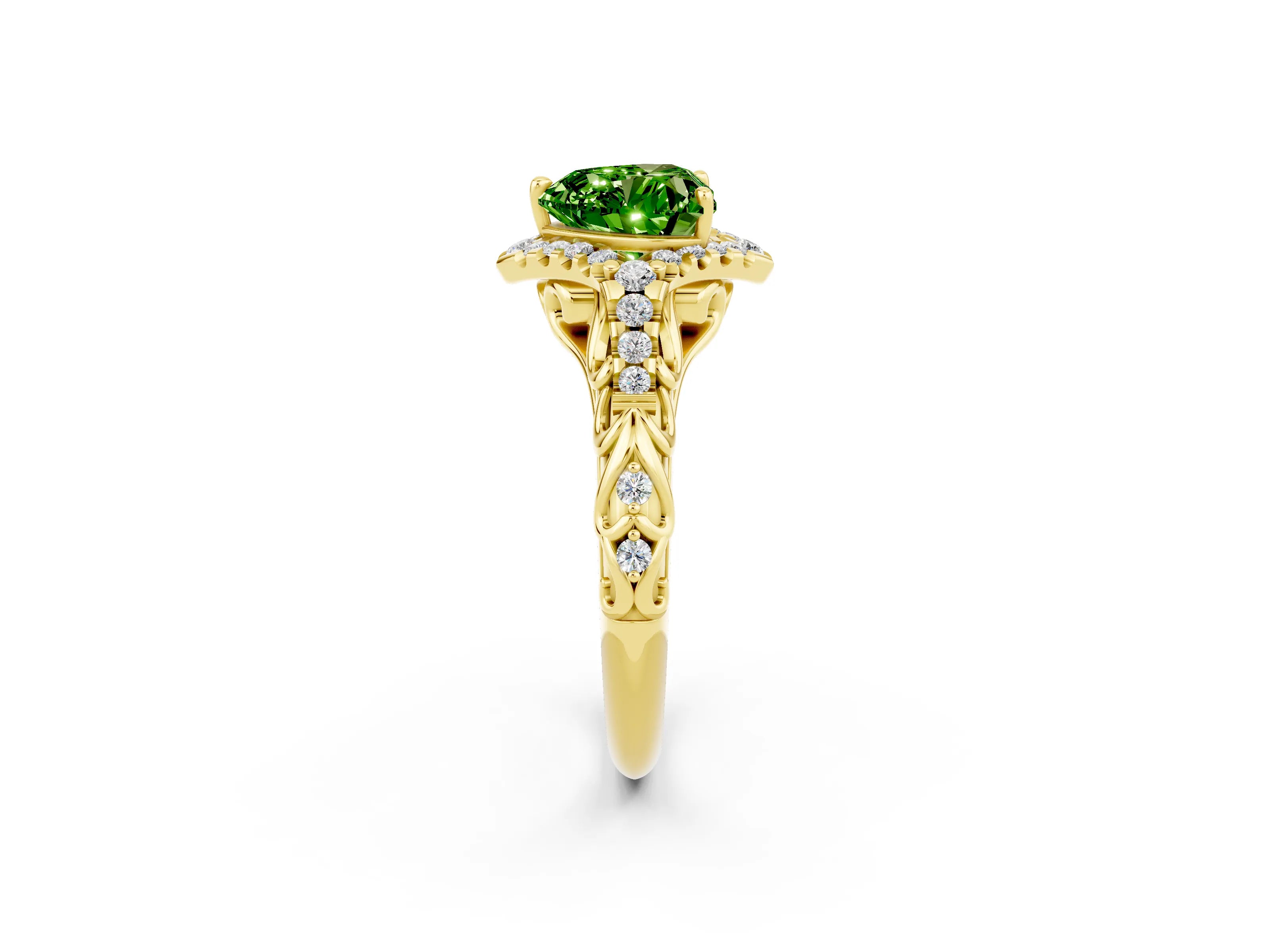 Yellow gold Heart Cut Peridot Solitaire Ring with Hidden Halo and Pavé Band_14