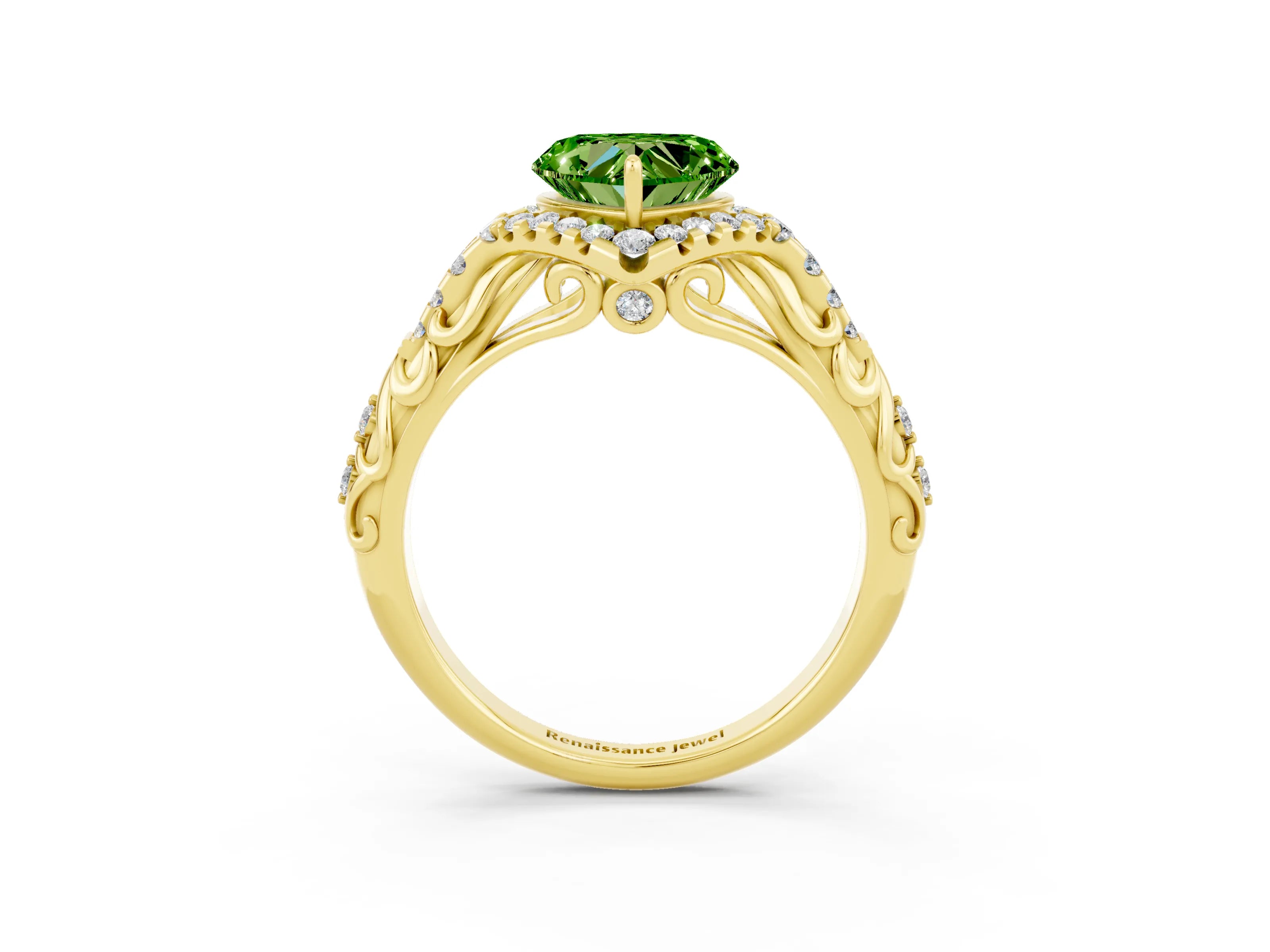 Yellow gold Heart Cut Peridot Solitaire Ring with Hidden Halo and Pavé Band_15