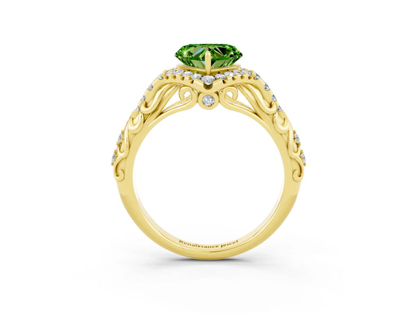 Yellow gold Heart Cut Peridot Solitaire Ring with Hidden Halo and Pavé Band