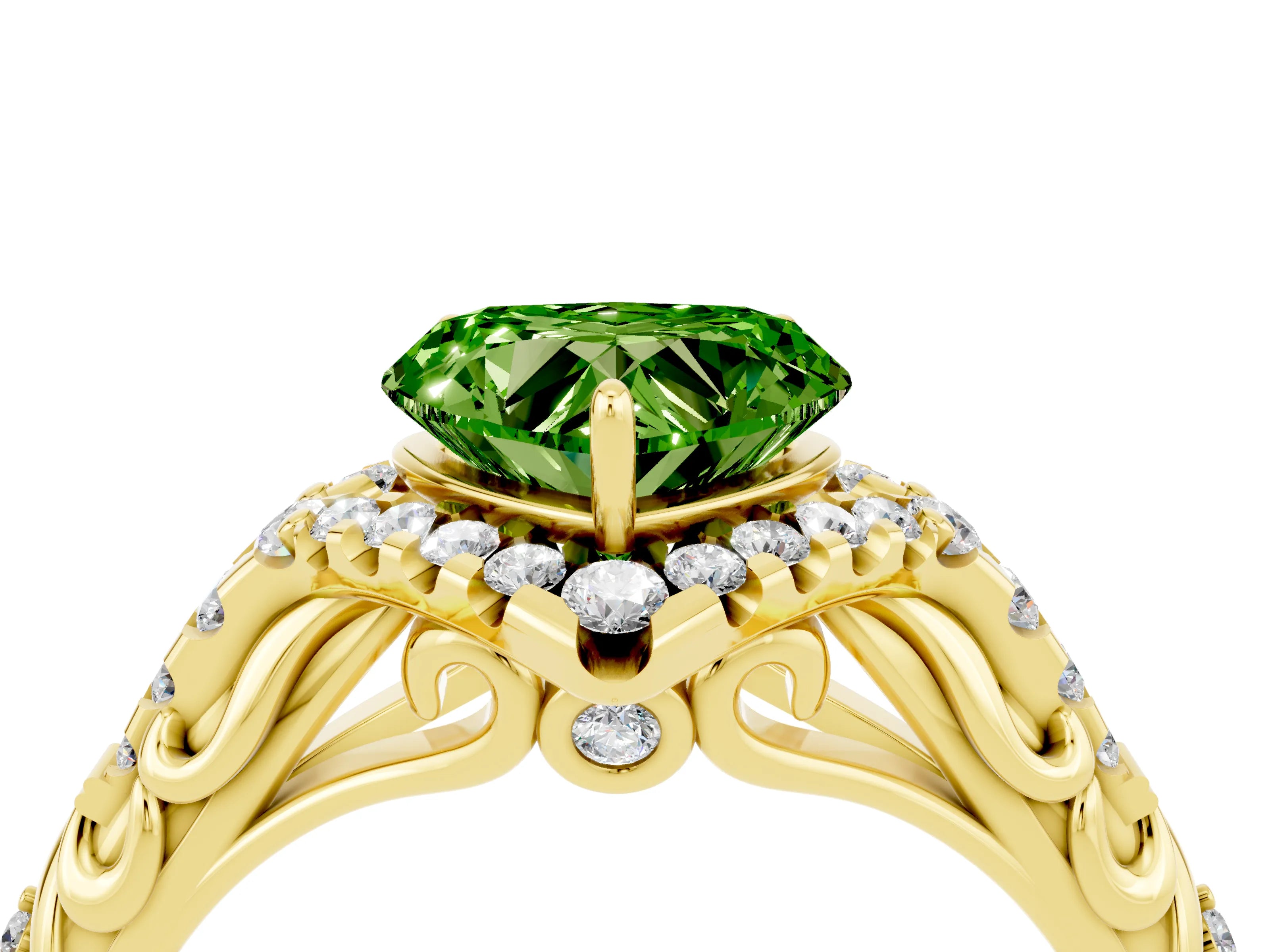 Yellow gold Heart Cut Peridot Solitaire Ring with Hidden Halo and Pavé Band_16