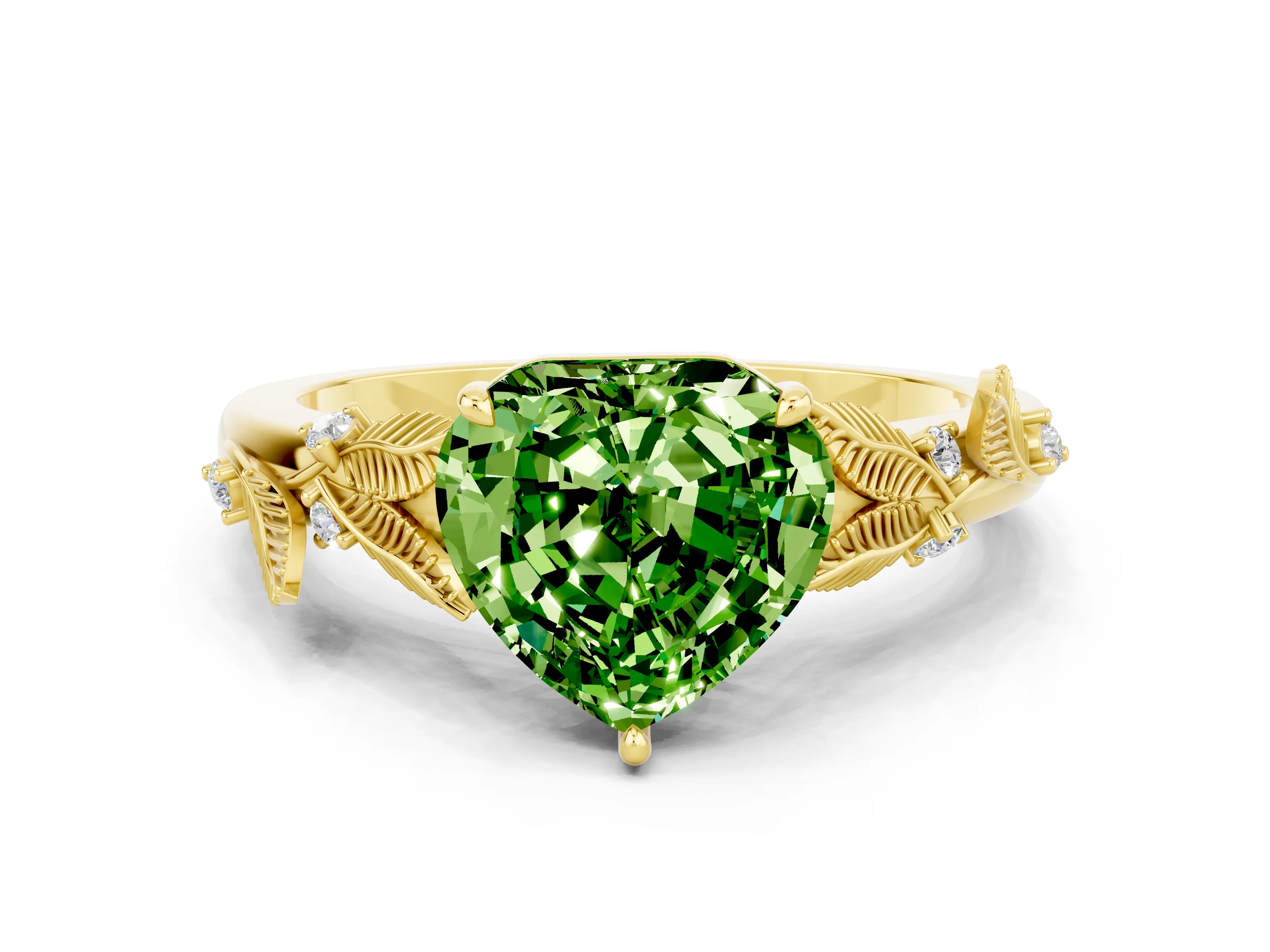 Yellow gold Heart Cut Peridot Solitaire Ring with Leaf Motif Band and Four-Prong Setting