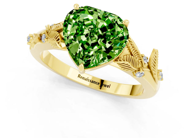 Yellow gold Heart Cut Peridot Solitaire Ring with Leaf Motif Band and Four-Prong Setting