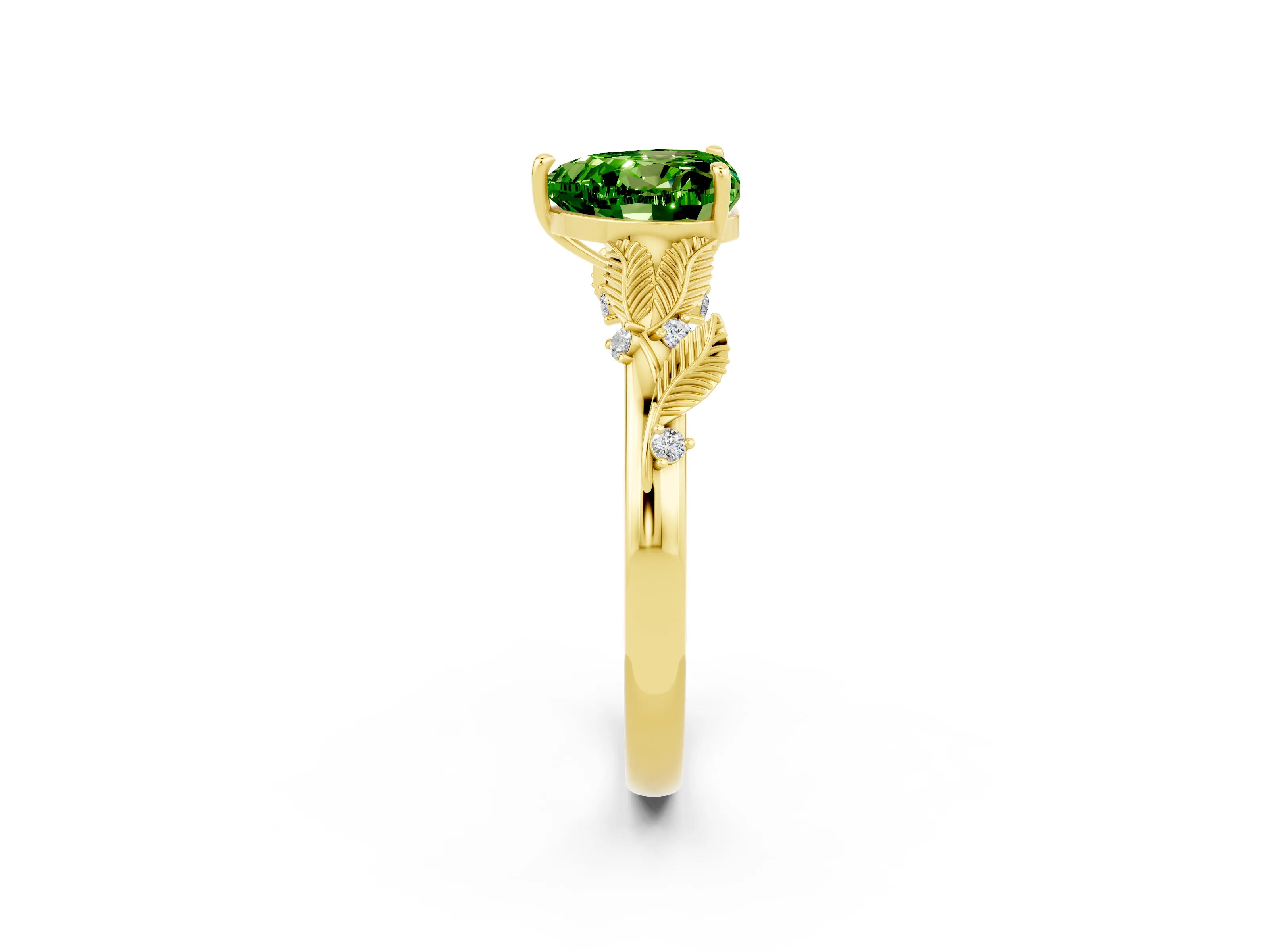 Yellow gold Heart Cut Peridot Solitaire Ring with Leaf Motif Band and Four-Prong Setting_2
