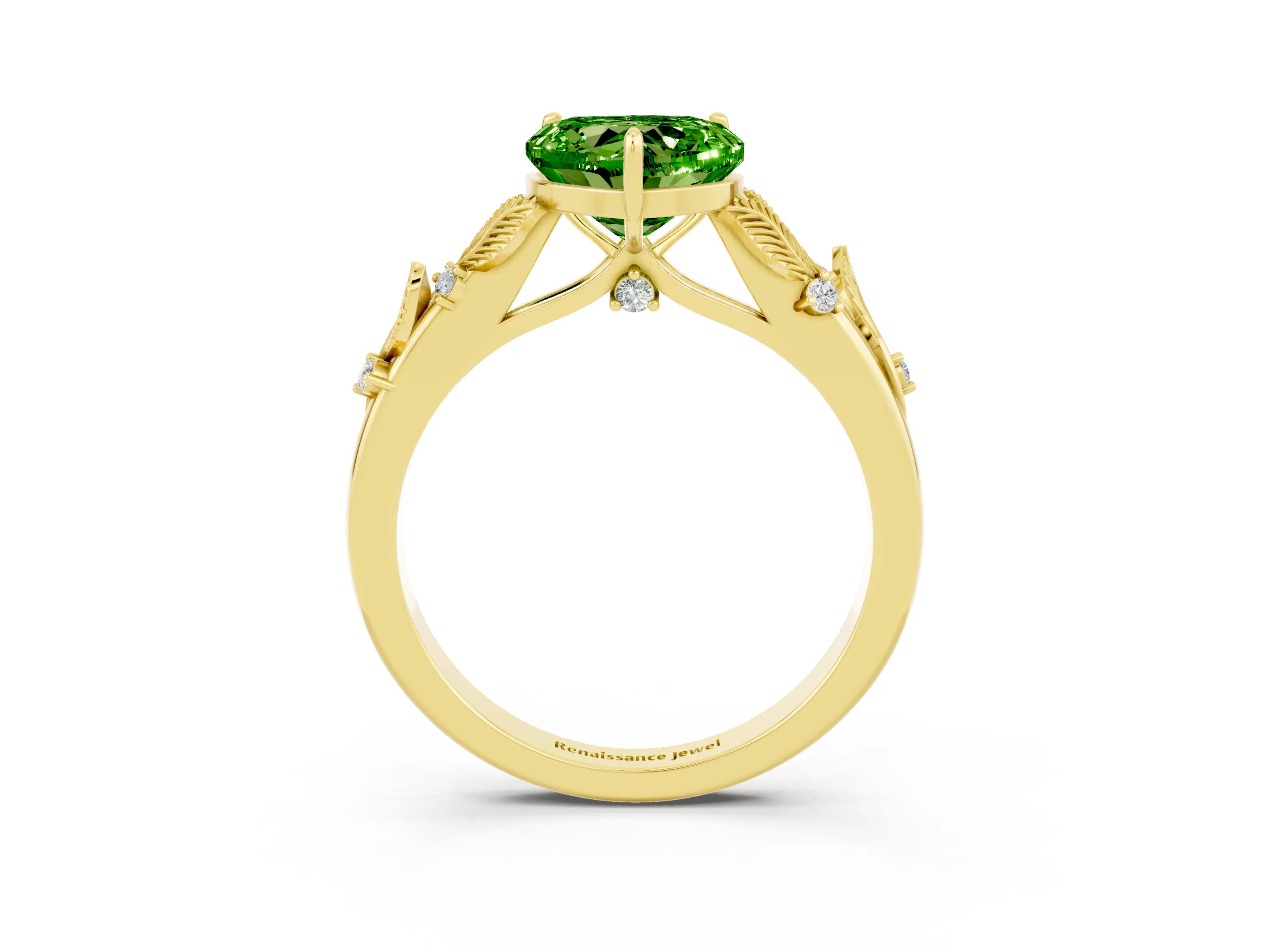 Yellow gold Heart Cut Peridot Solitaire Ring with Leaf Motif Band and Four-Prong Setting_3