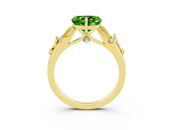 Yellow gold Heart Cut Peridot Solitaire Ring with Leaf Motif Band and Four-Prong Setting