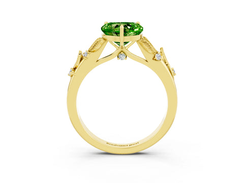 Yellow gold Heart Cut Peridot Solitaire Ring with Leaf Motif Band and Four-Prong Setting_3