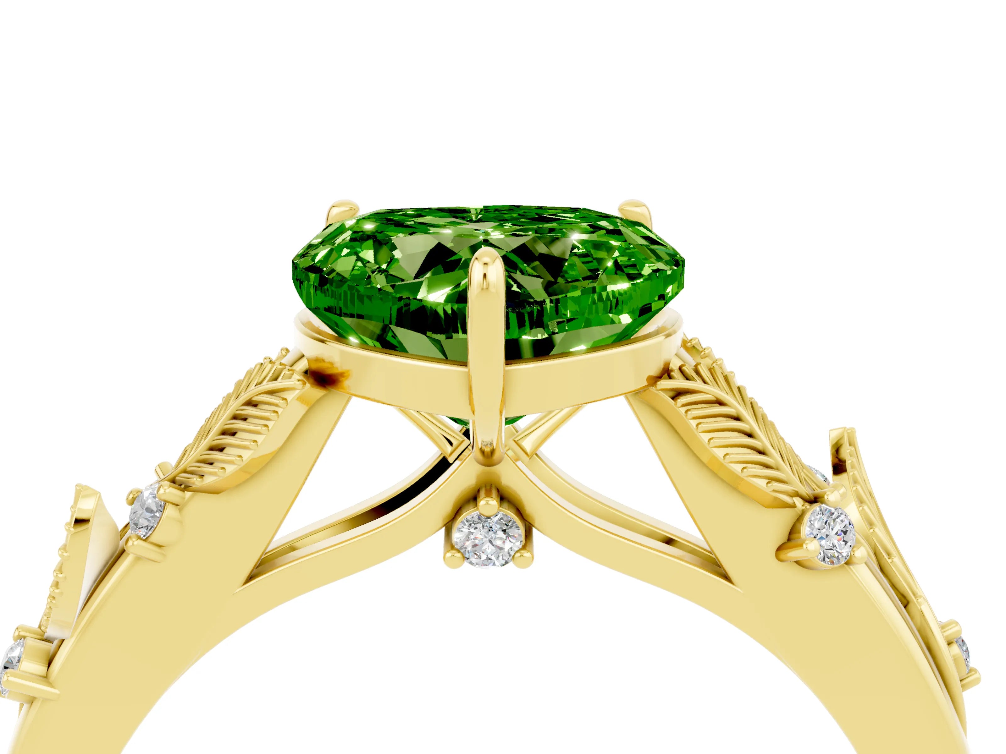 Yellow gold Heart Cut Peridot Solitaire Ring with Leaf Motif Band and Four-Prong Setting_4