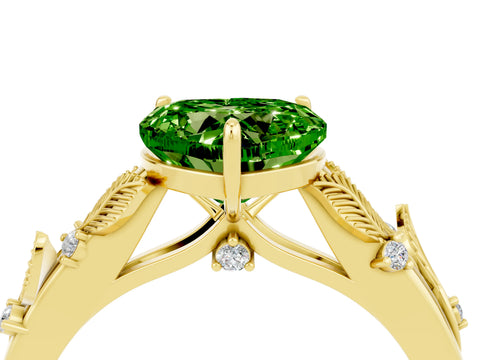 Yellow gold Heart Cut Peridot Solitaire Ring with Leaf Motif Band and Four-Prong Setting_4
