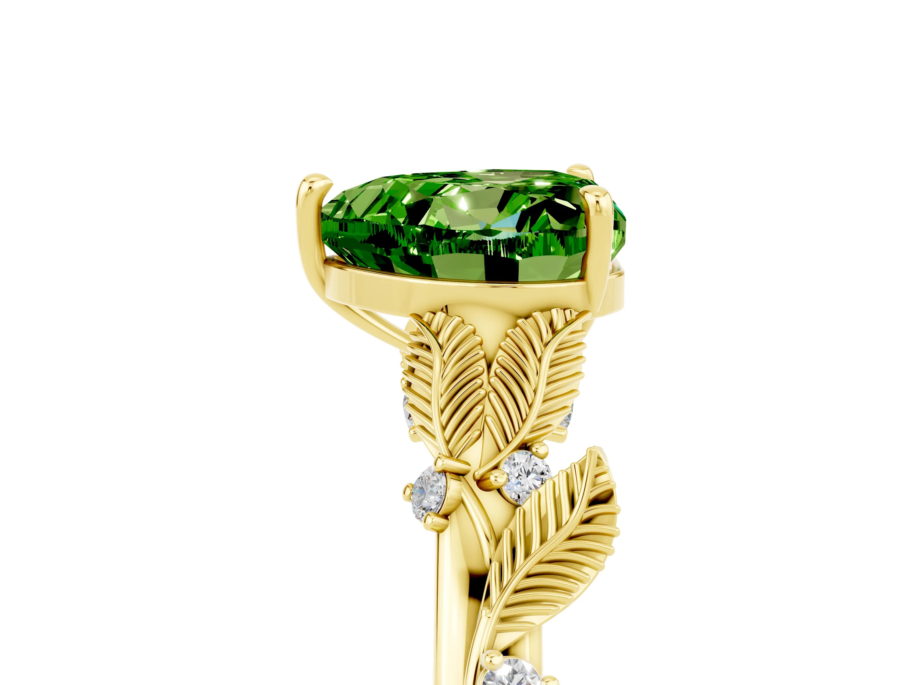 Yellow gold Heart Cut Peridot Solitaire Ring with Leaf Motif Band and Four-Prong Setting_5