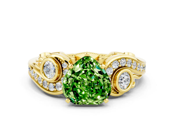 Yellow gold Heart Cut Peridot Solitaire Ring with Milgrain Pavé Band and Four-Prong Setting