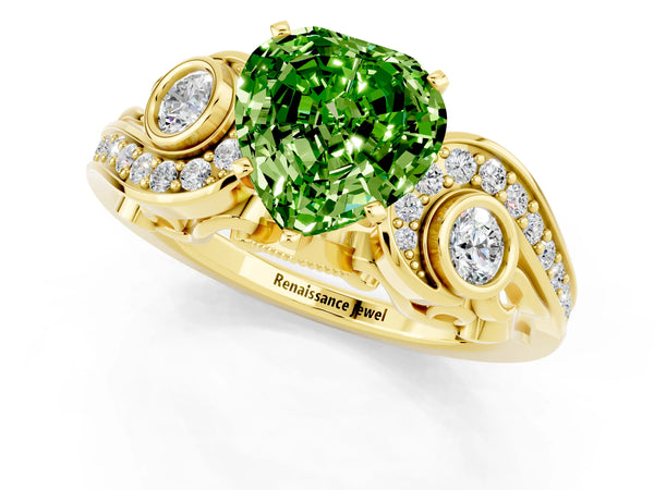 Yellow gold Heart Cut Peridot Solitaire Ring with Milgrain Pavé Band and Four-Prong Setting
