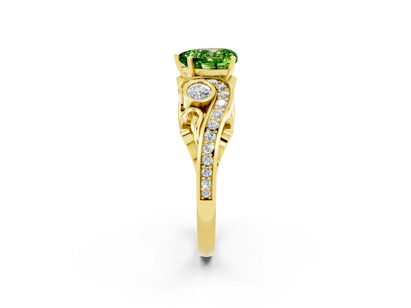 Yellow gold Heart Cut Peridot Solitaire Ring with Milgrain Pavé Band and Four-Prong Setting