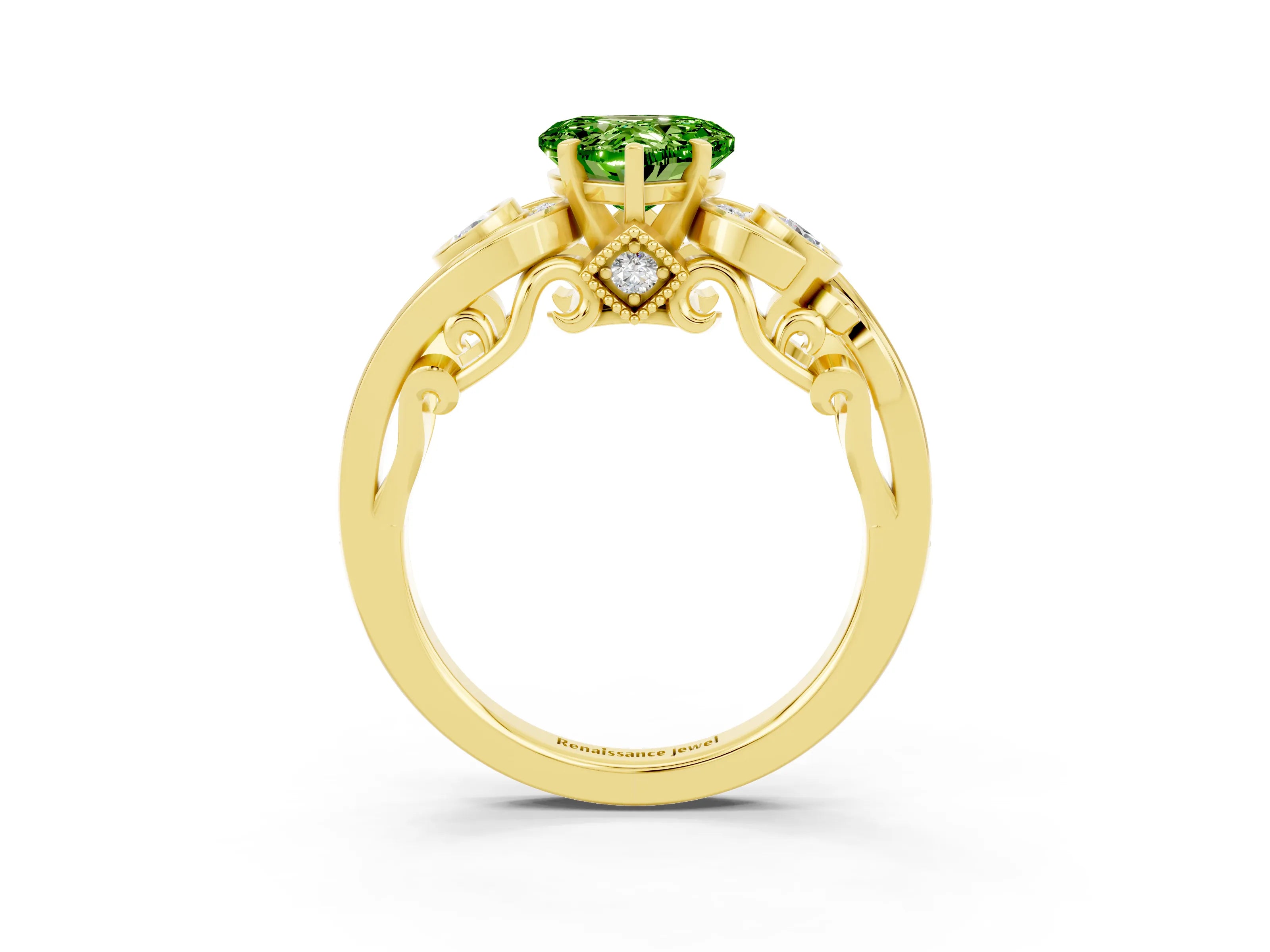 Yellow gold Heart Cut Peridot Solitaire Ring with Milgrain Pavé Band and Four-Prong Setting_27