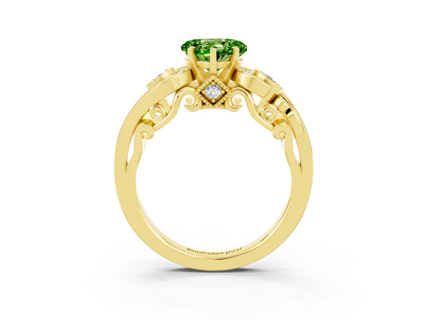 Yellow gold Heart Cut Peridot Solitaire Ring with Milgrain Pavé Band and Four-Prong Setting