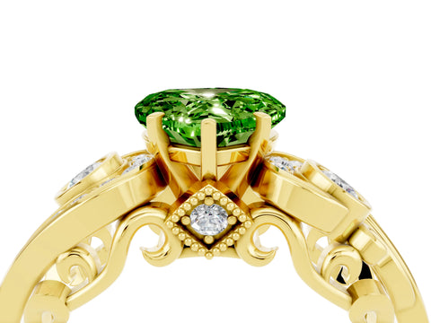 Yellow gold Heart Cut Peridot Solitaire Ring with Milgrain Pavé Band and Four-Prong Setting_28