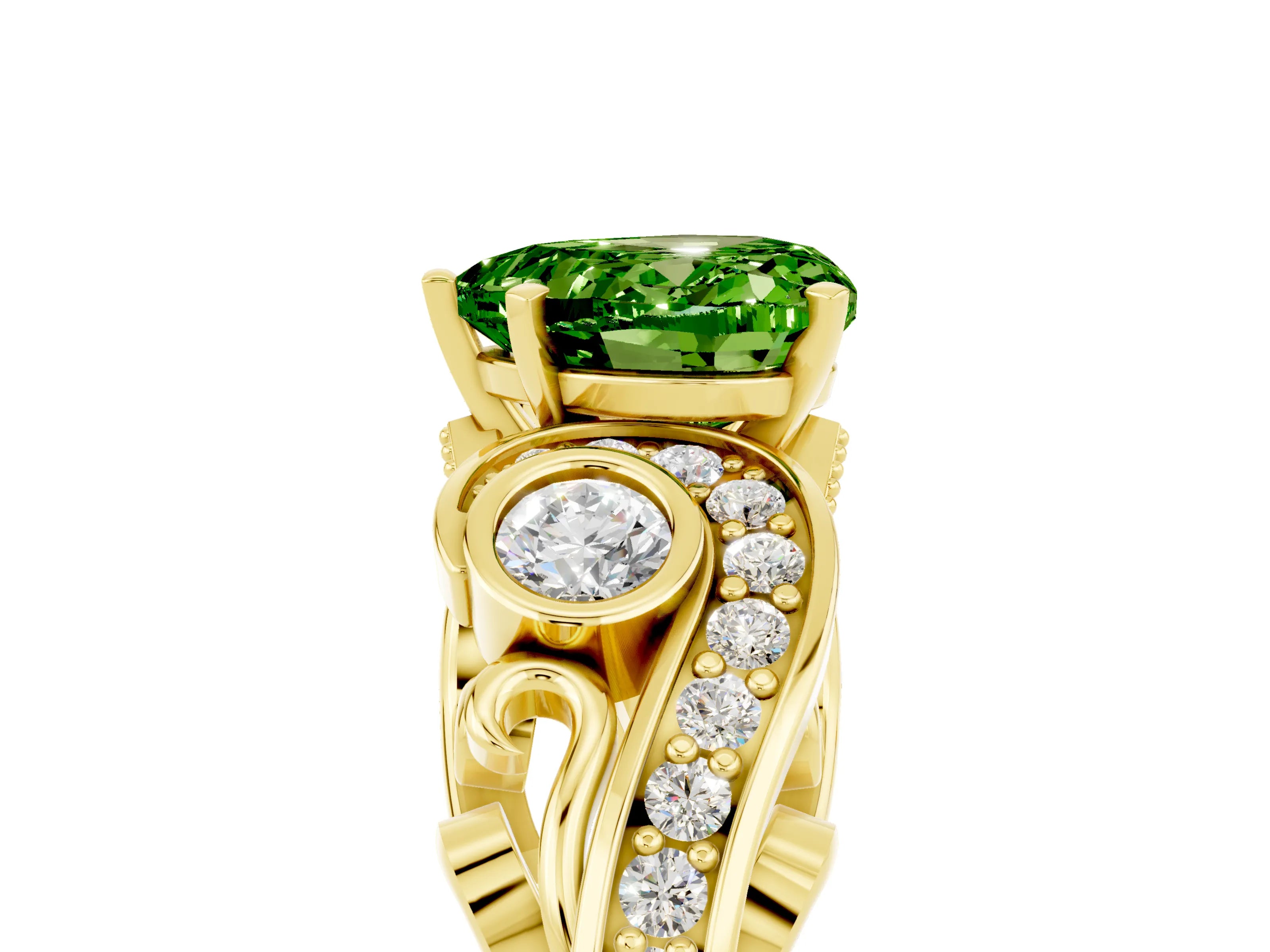 Yellow gold Heart Cut Peridot Solitaire Ring with Milgrain Pavé Band and Four-Prong Setting_29