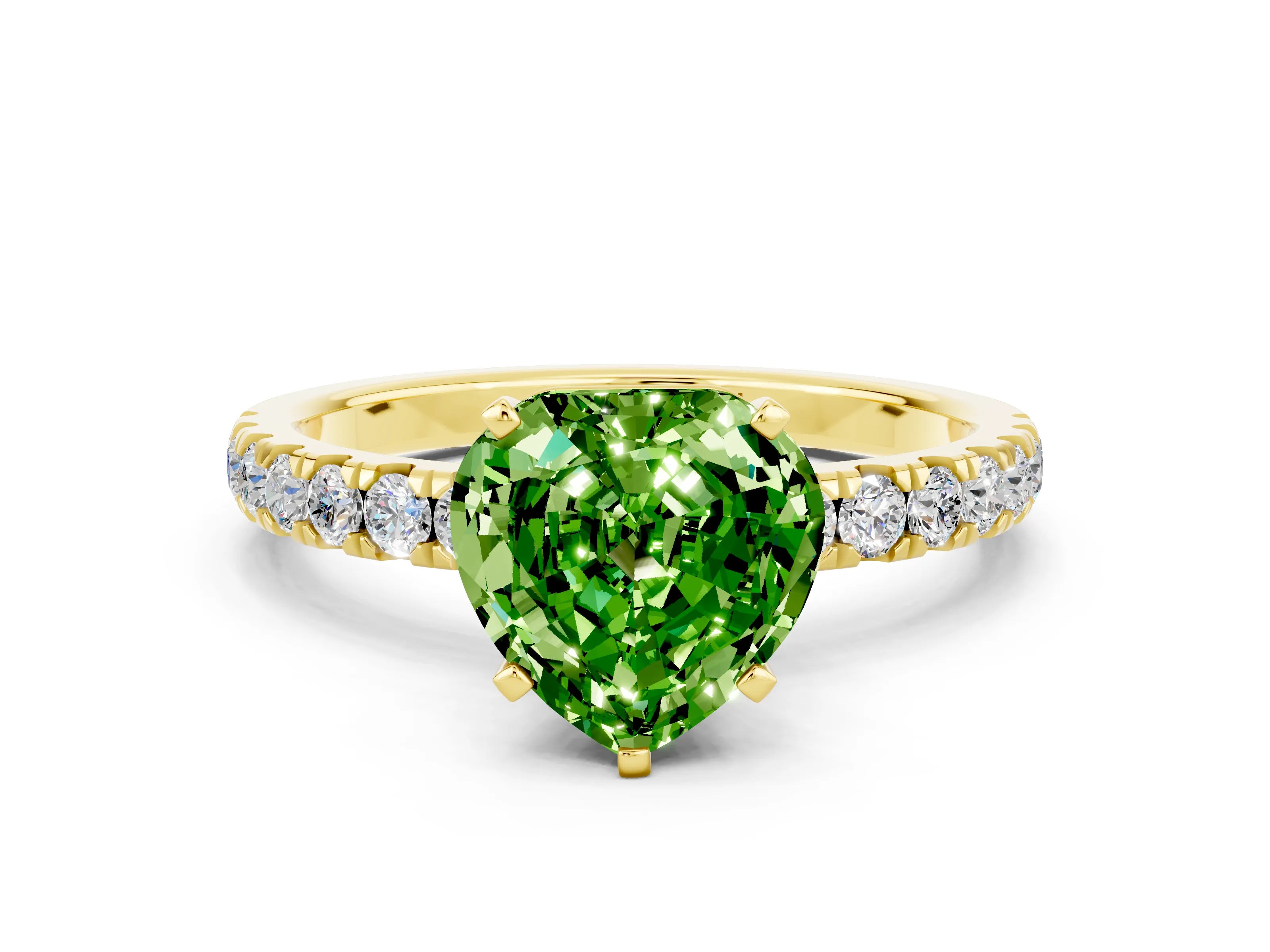 Yellow gold Heart Cut Peridot Solitaire Ring with Pavé Accents and Four-Prong Setting