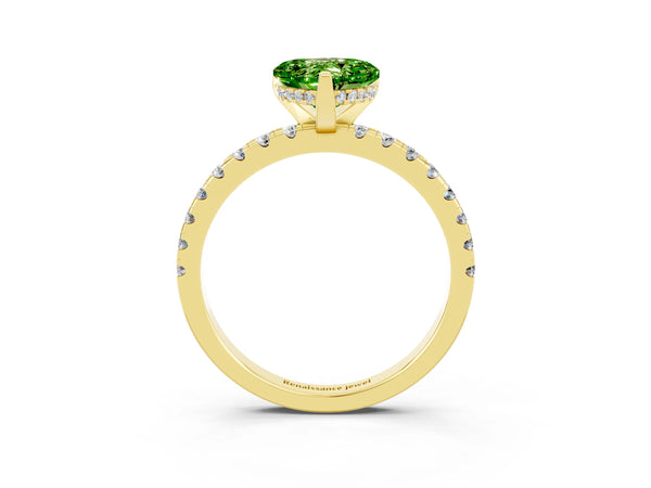 Yellow gold Heart Cut Peridot Solitaire Ring with Round  Pavé Band and Four-Prong Setting