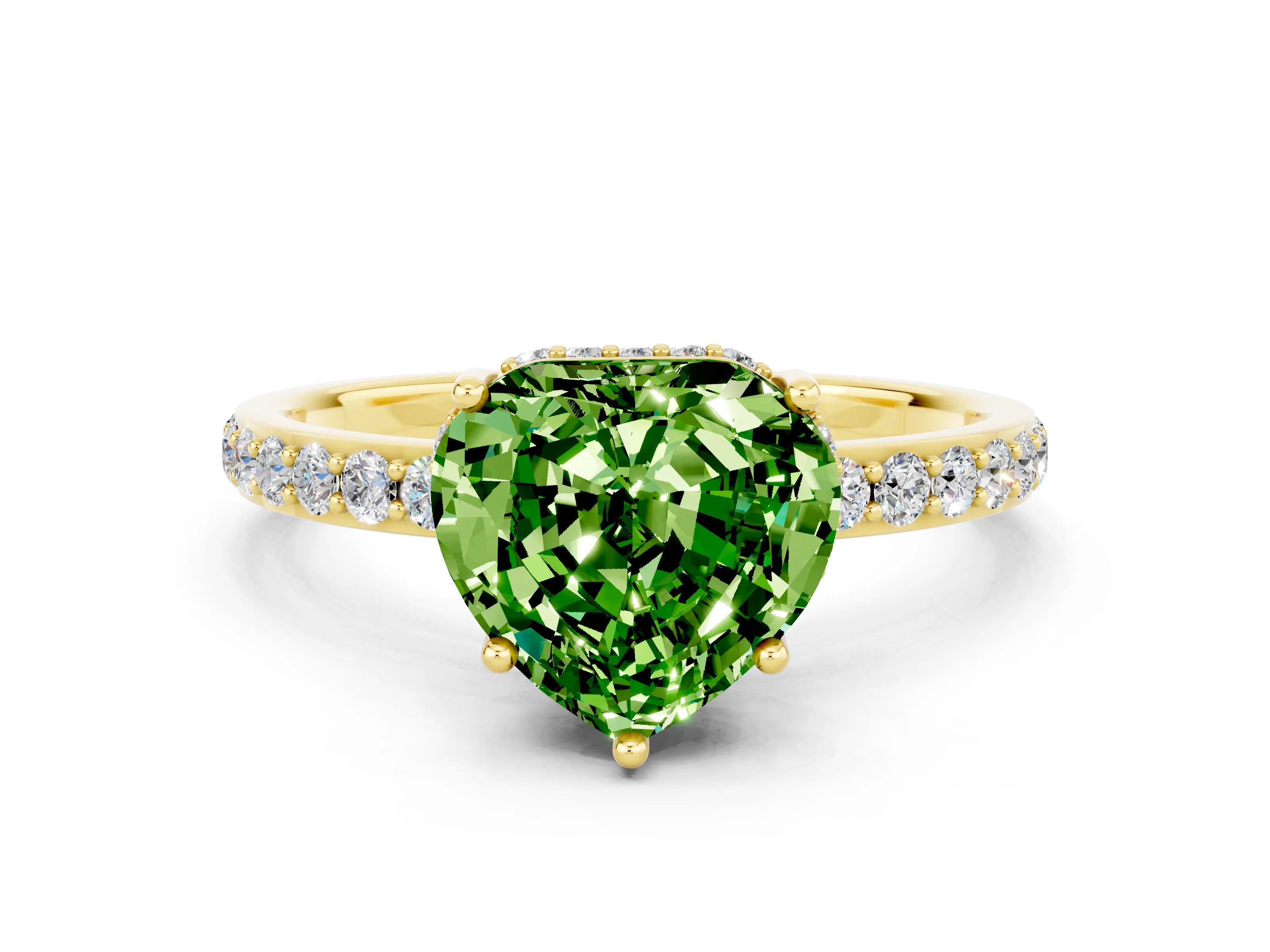 Yellow gold Heart Cut Peridot Solitaire Ring with Pavé Band and Hidden Halo_12