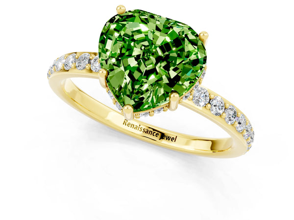 Yellow gold Heart Cut Peridot Solitaire Ring with Pavé Band and Hidden Halo