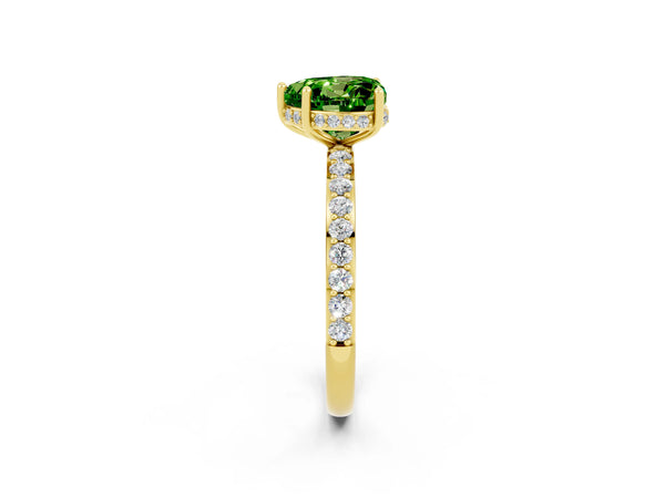 Yellow gold Heart Cut Peridot Solitaire Ring with Pavé Band and Hidden Halo