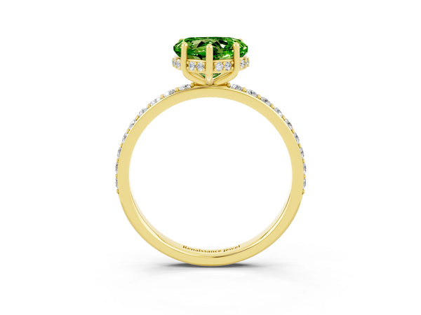 Yellow gold Heart Cut Peridot Solitaire Ring with Pavé Band and Hidden Halo