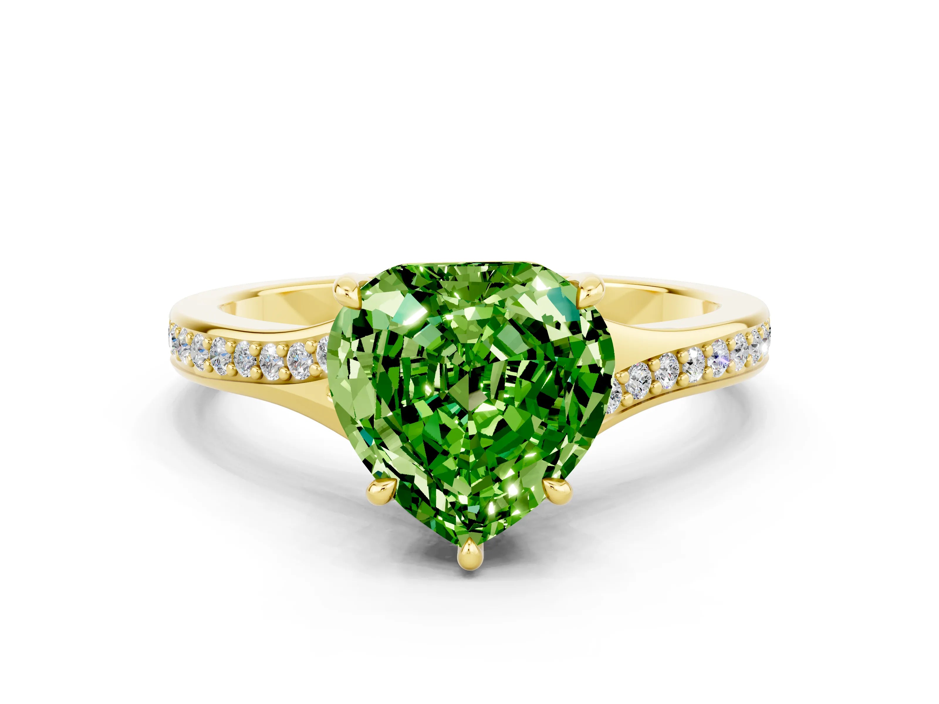 Yellow gold Heart Cut Peridot Solitaire Ring with Pavé Band and Prong Setting