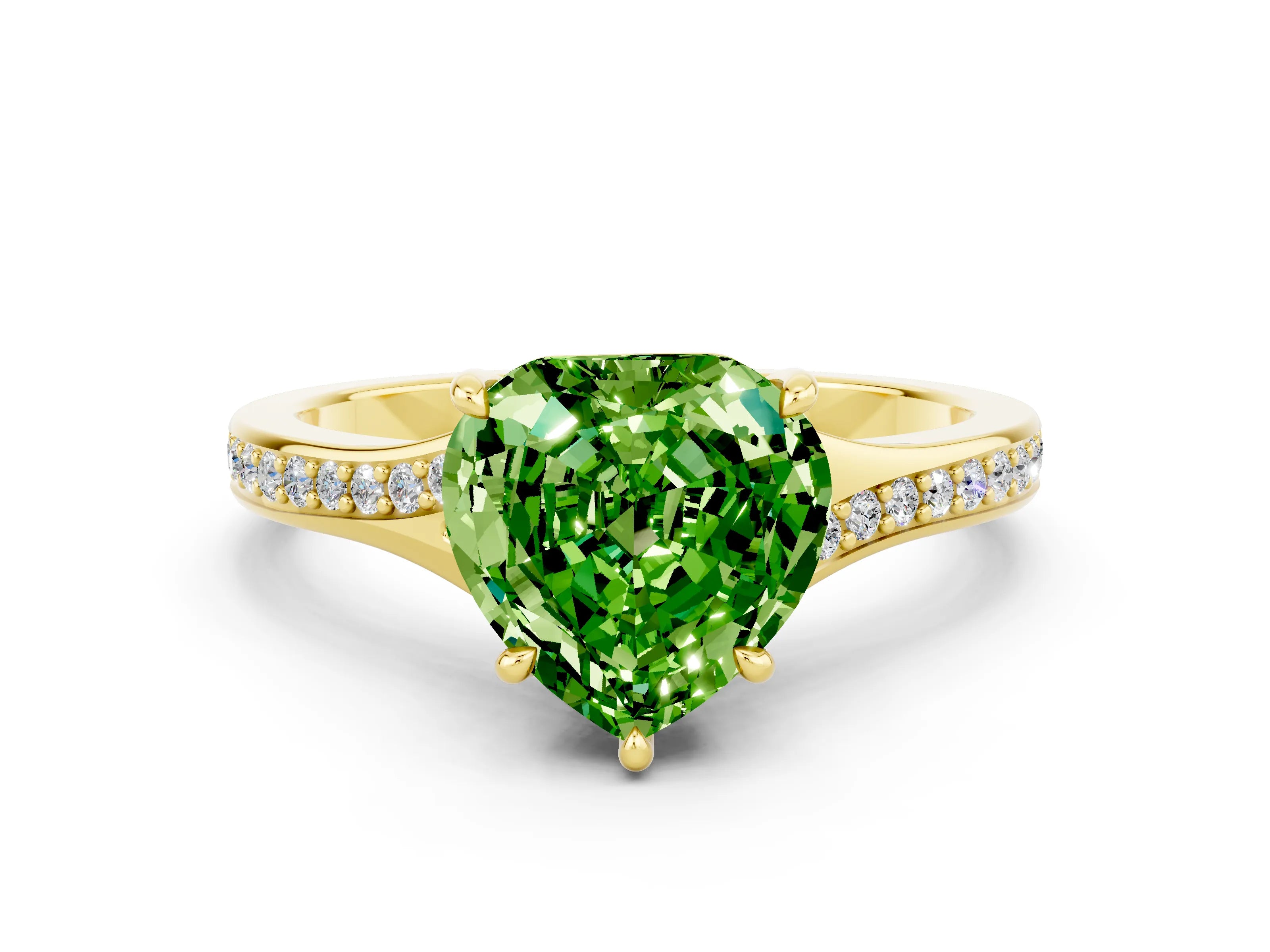 Yellow gold Heart Cut Peridot Solitaire Ring with Pavé Band and Prong Setting_12