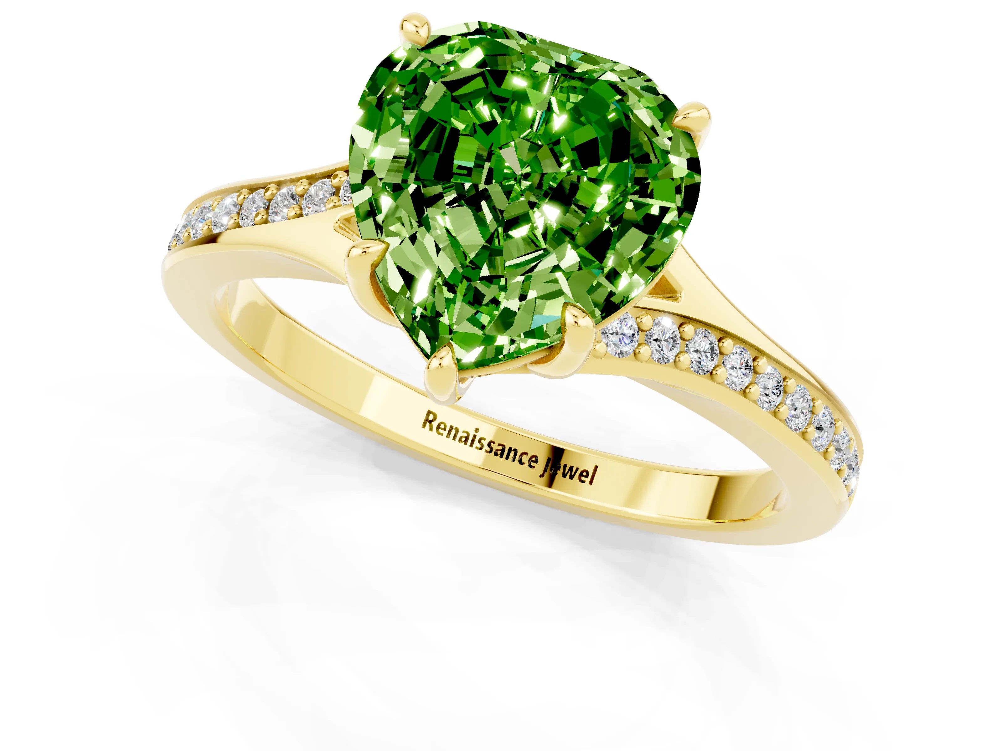 Yellow gold Heart Cut Peridot Solitaire Ring with Pavé Band and Prong Setting_13
