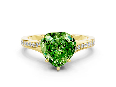 Yellow gold Heart Cut Peridot Solitaire Ring with Pavé Band and Prong Setting