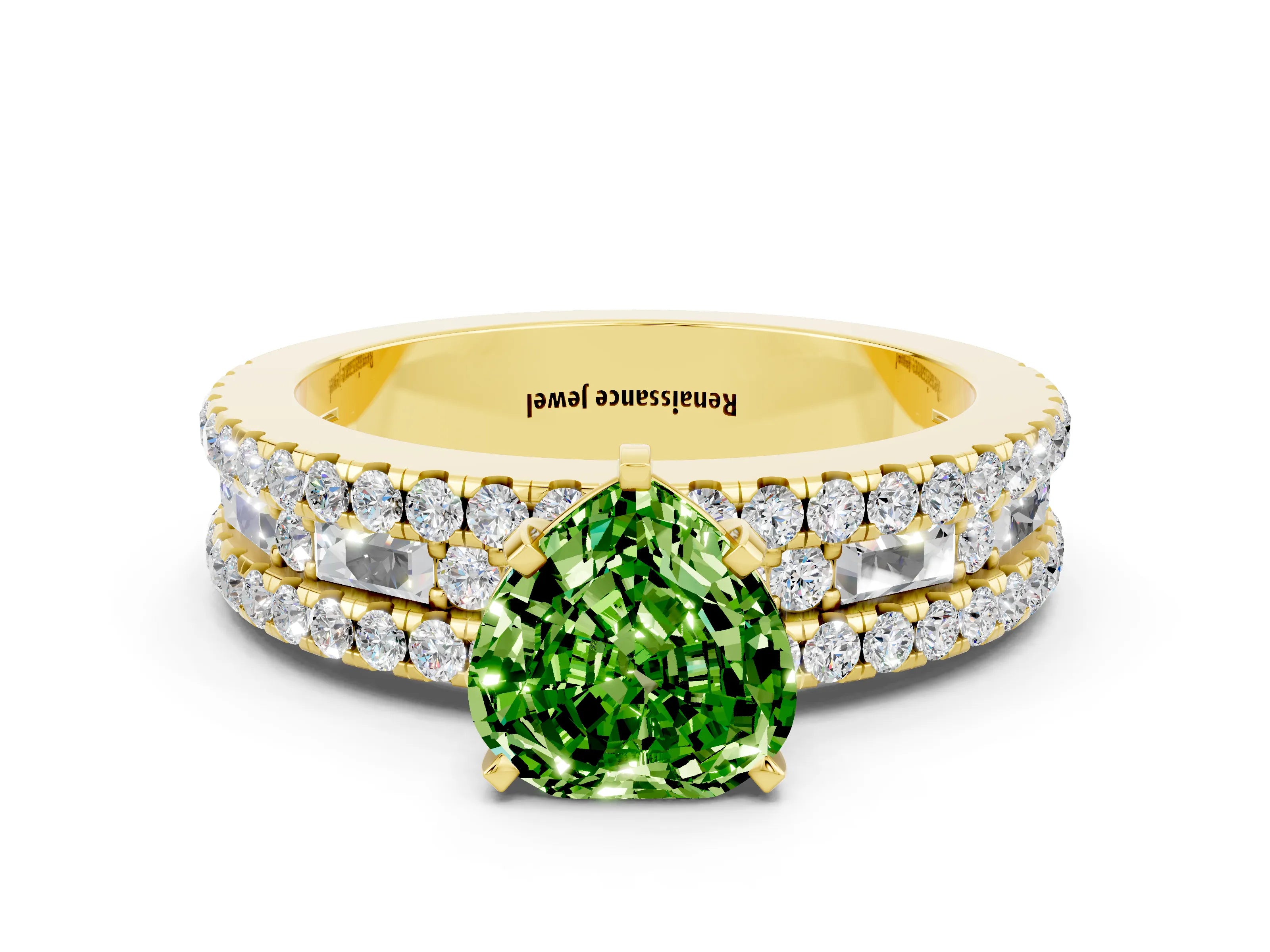 Yellow gold Heart Cut Peridot Solitaire Ring with Pavé and Channel Set Band