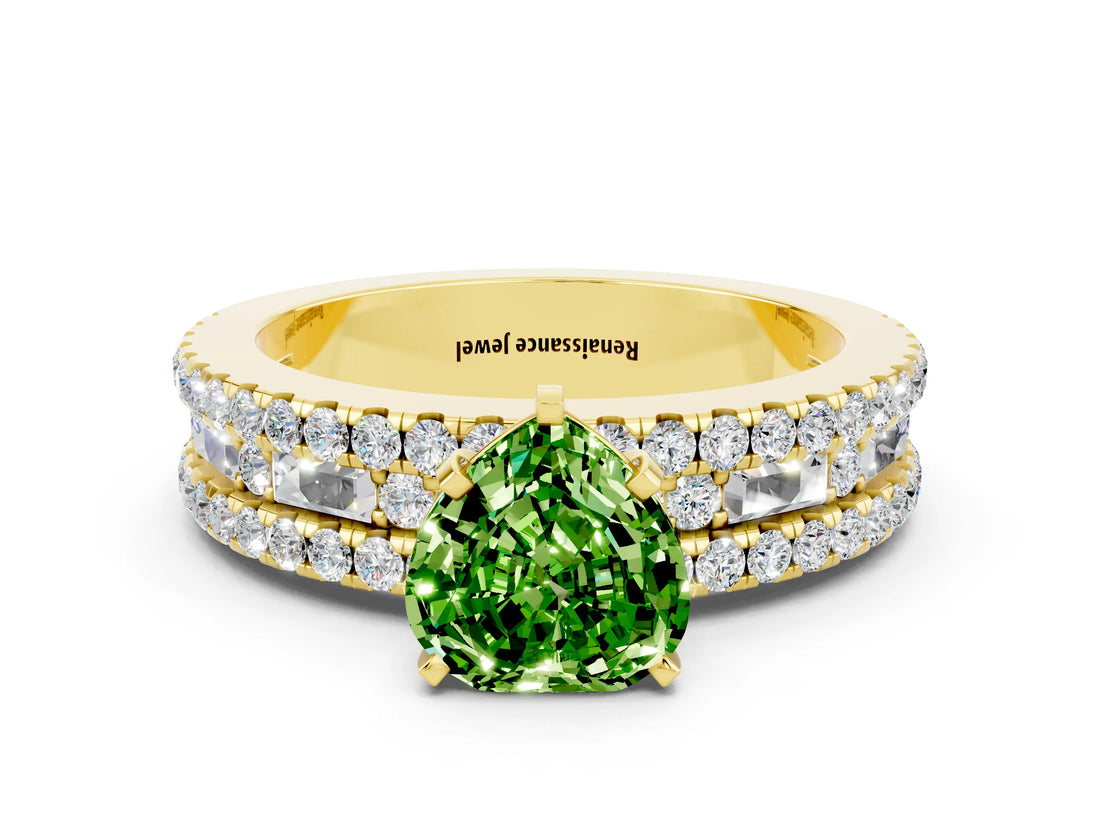 Yellow gold Heart Cut Peridot Solitaire Ring with Pavé and Channel Set Band