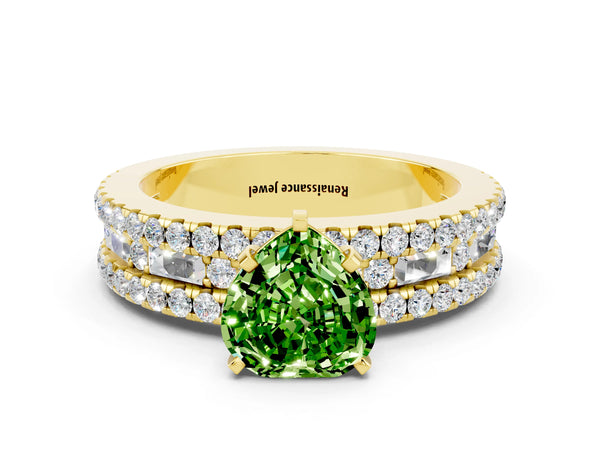 Yellow gold Heart Cut Peridot Solitaire Ring with Pavé and Channel Set Band