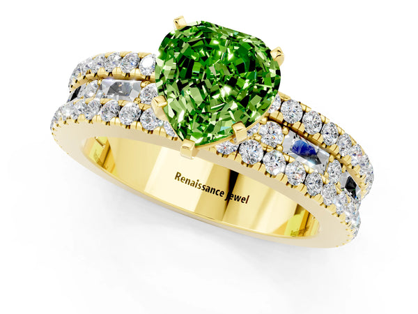 Yellow gold Heart Cut Peridot Solitaire Ring with Pavé and Channel Set Band