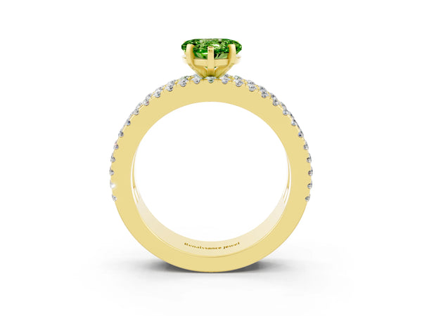 Yellow gold Heart Cut Peridot Solitaire Ring with Pavé and Channel Set Band