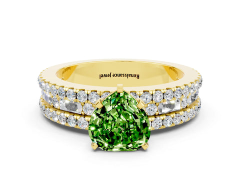 Yellow gold Heart Cut Peridot Solitaire Ring with Pavé and Channel Set Band