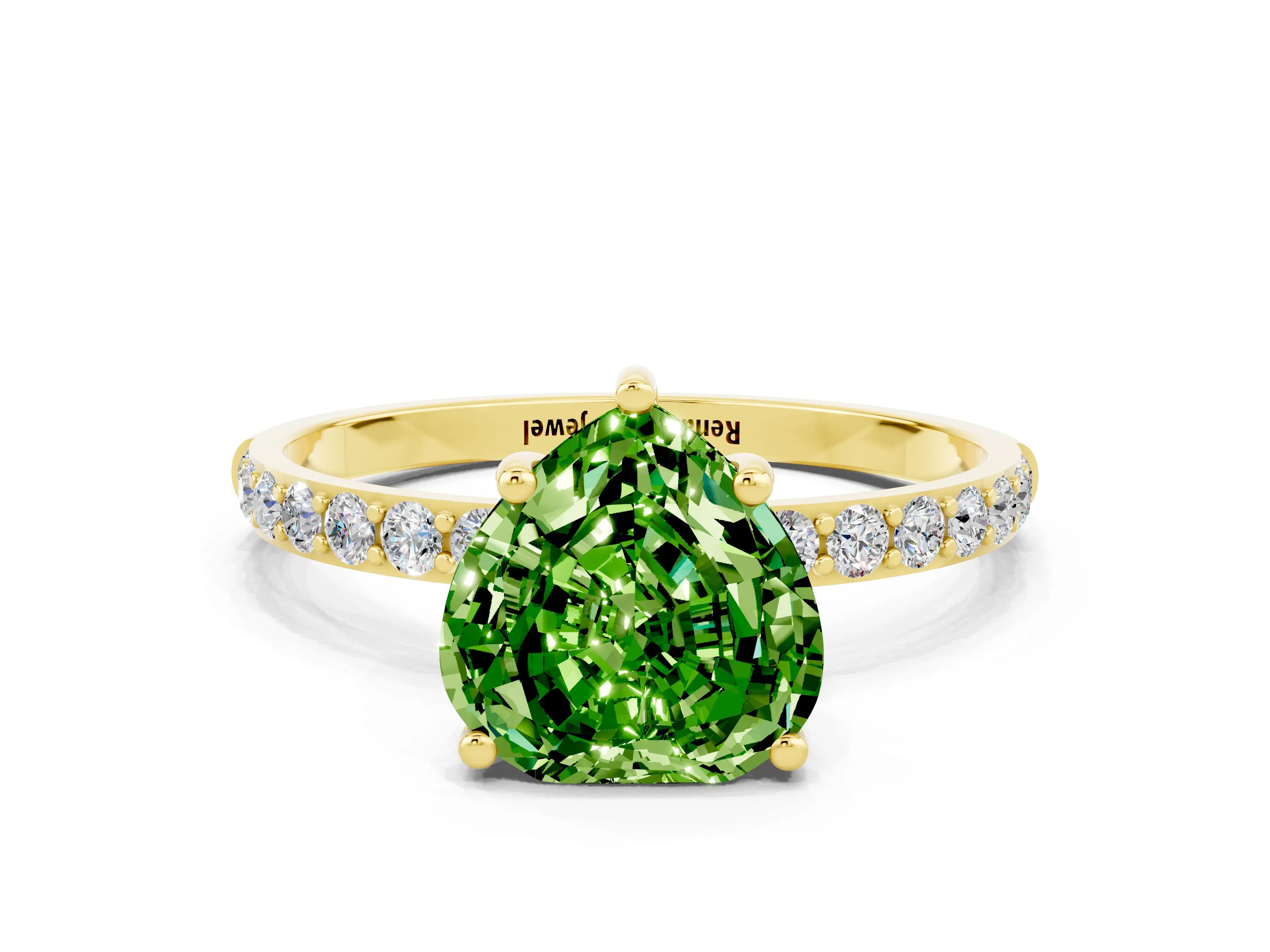 Yellow gold Heart Cut Peridot Solitaire Ring with Pave Band and Four Prong Setting_12