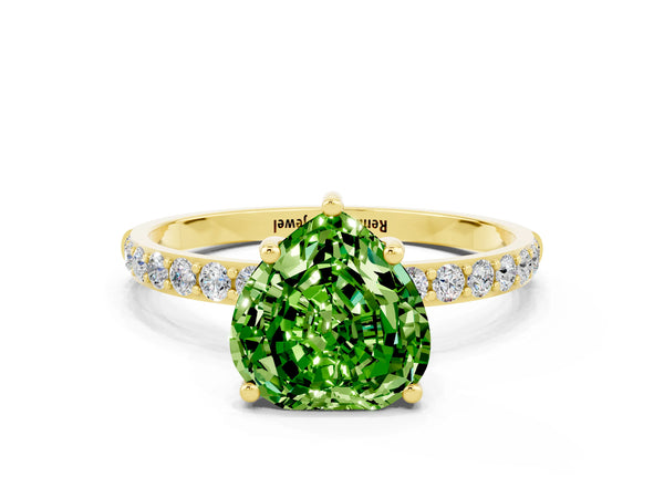 Yellow gold Heart Cut Peridot Solitaire Ring with Round  Pavé Band and Prong Setting