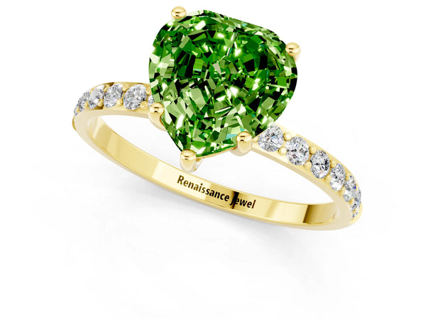 Yellow gold Heart Cut Peridot Solitaire Ring with Round  Pavé Band and Prong Setting