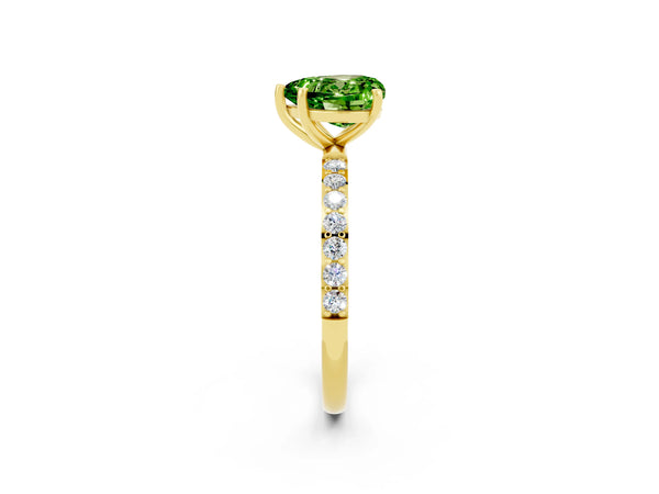 Yellow gold Heart Cut Peridot Solitaire Ring with Round  Pavé Band and Prong Setting