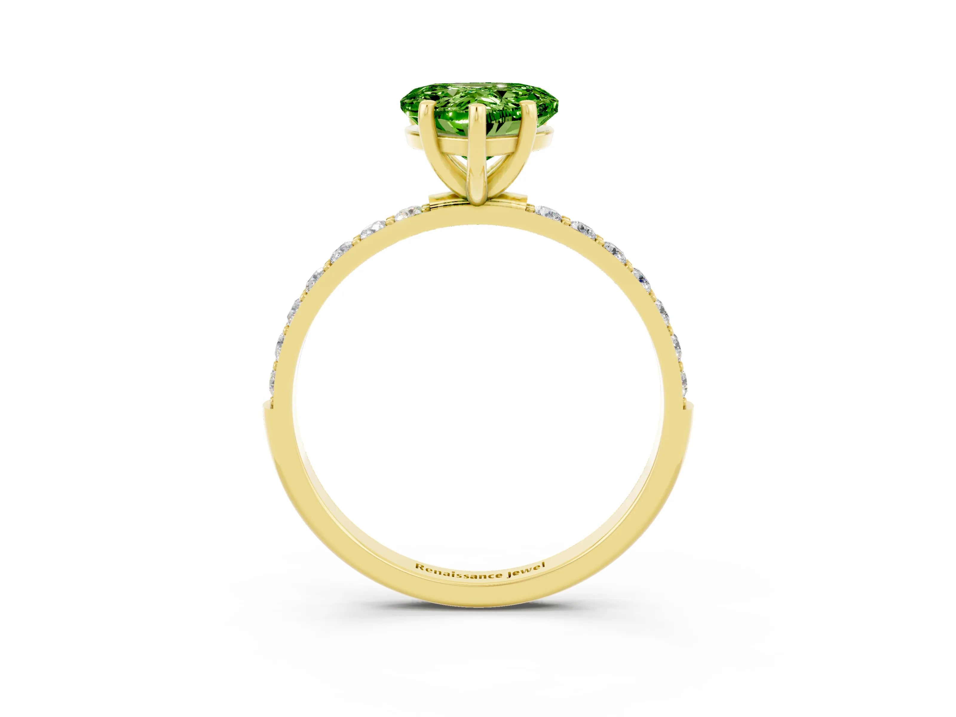 Yellow gold Heart Cut Peridot Solitaire Ring with Pave Band and Four Prong Setting_15