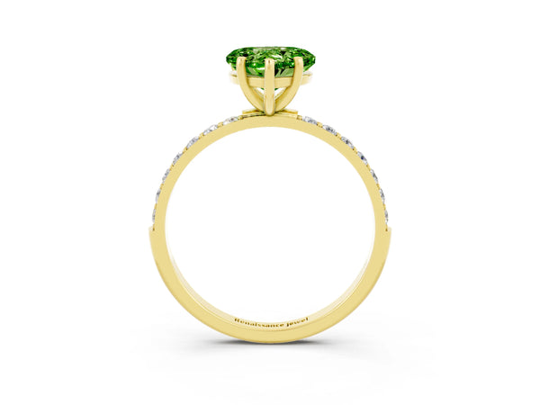 Yellow gold Heart Cut Peridot Solitaire Ring with Round  Pavé Band and Prong Setting